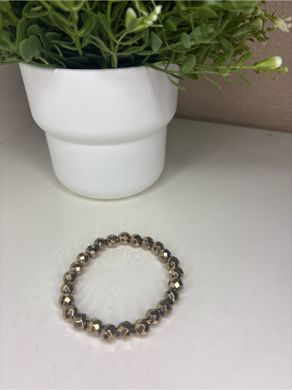 Natural Faceted Pyrite Gemstone Stretch Bracelet Metallic Gold Stackable
